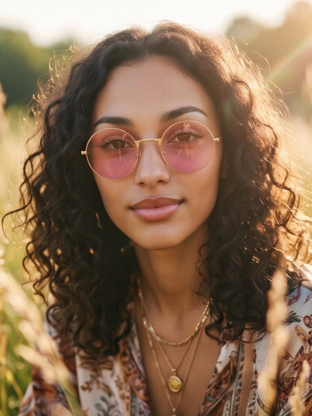 Retro Round Sunglasses Pink Lenses Gold Wire Frame Hippie John Lennon Style New